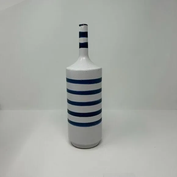 Crate and Barrel Terra Cotta Vase Blue Striped Gray Nautical Decor Hand Painted - Picture 4 of 14